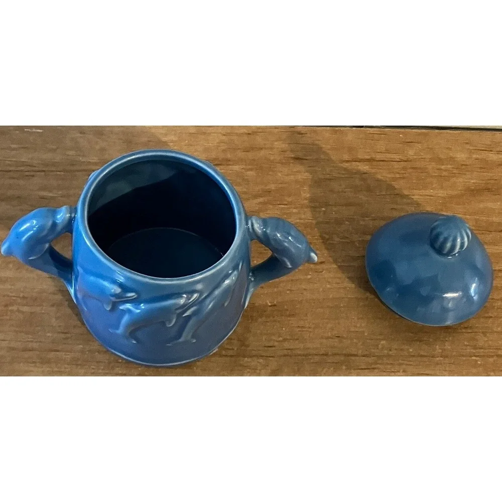 1974 Vintage Blue Sea World Ceramic Sugar Bowl with Dolphins -Japan